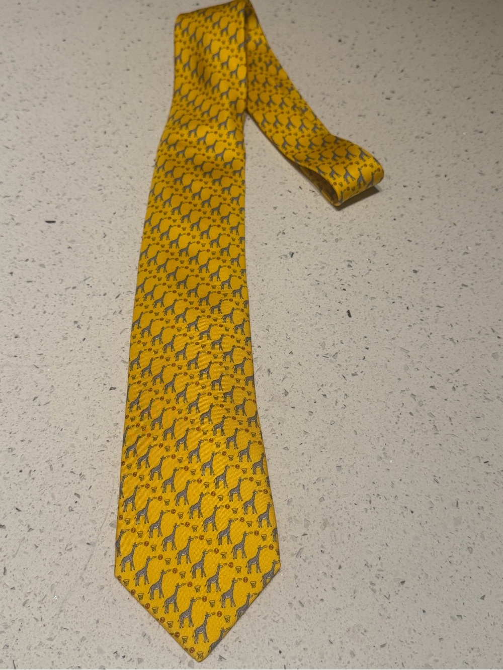 Hermes Yellow Silk Tie with Gray Animal Pattern